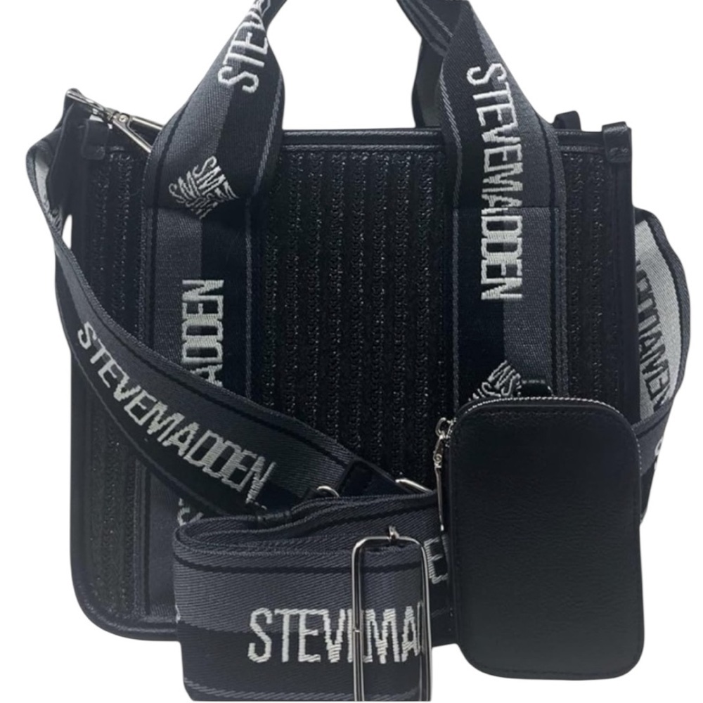 NWOT Steve Madden Black BWEBBER Tote / Crossbody Bag Guitar style Clip - Picture 2 of 3